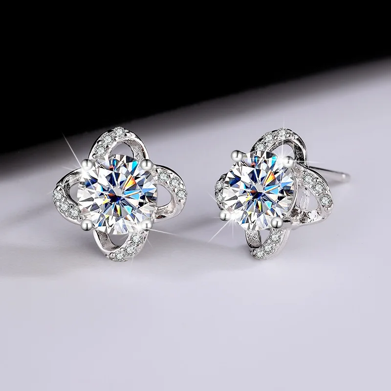 Moissanite Clover Stud Earrings Halo 925 Sterling Silver For Women_voghion.com
