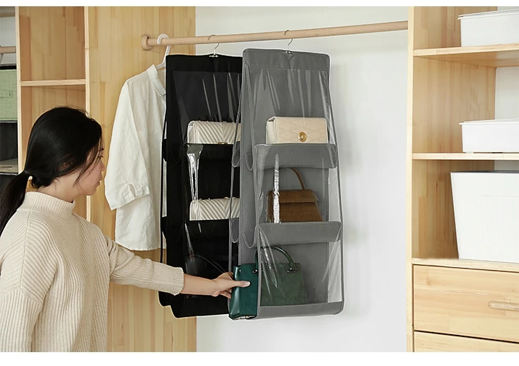 Hanging Handbag Organizer Dust-Proof Storage Holder Bag Wardrobe Closet for Purse Clutch with 6 Larger Pockets Black