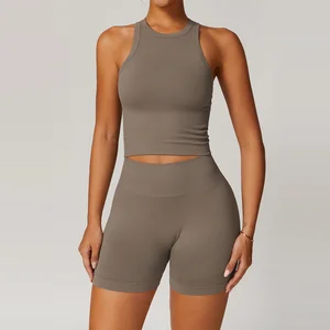 High Support Seamless Sports Bra Set Women Gray Athletic Workout Outfit Yoga Gym Two Piece Matching Set