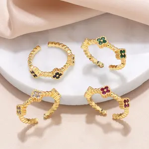 MW Valentine's Day Gift  Luxury 18K Gold Stainless Steel Zircon Copper Inlaid Colorful Fresh Four-leaf Clover Sweet Ring