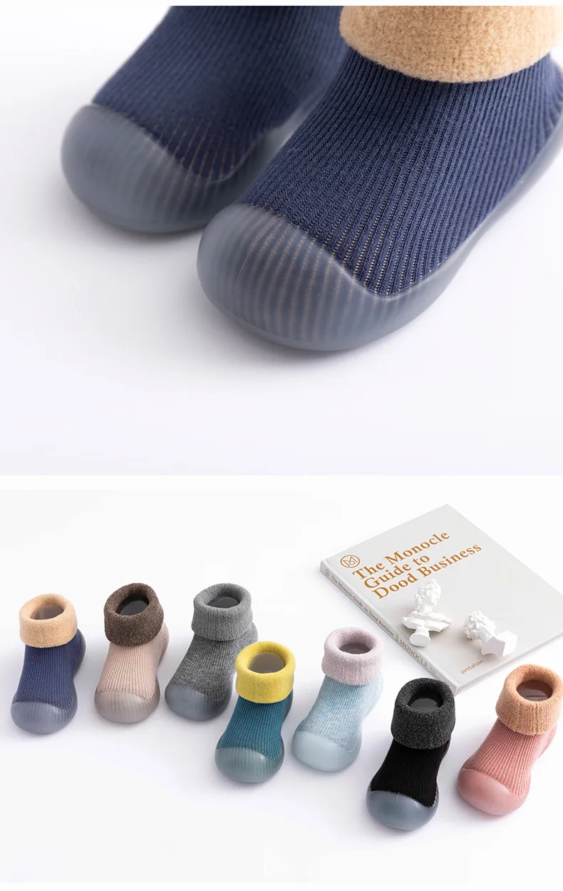 winter warm baby waking shoes non-slip rubber sole solid infant floor socks factory