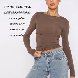 High Quality Customized Slim Fit Cotton Tshirts for Women Long Sleeve Plain Blank Shirt Logo Factory High Stretch Solid Color