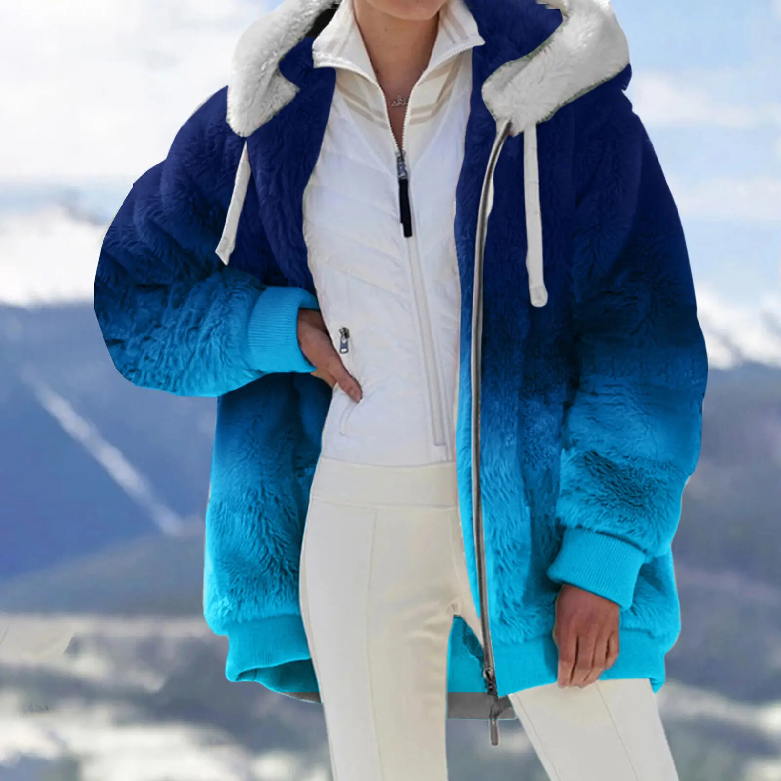 Women Winter Black Zip Gradient Faux Fur Sherpa Fleece Jacket With ...