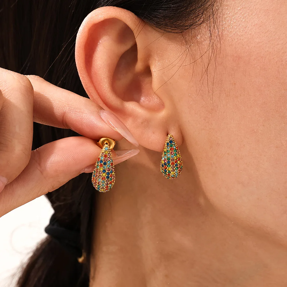 New Arrival Water Drop Earrings Colorful Cubic Zirconia Gold