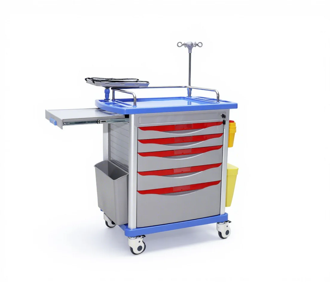 Advanced Emergency Response Cart with CPR Board Oxygen Cylinder Mount Vital Sign Monitor ABS Material Modern Hospital Design 6