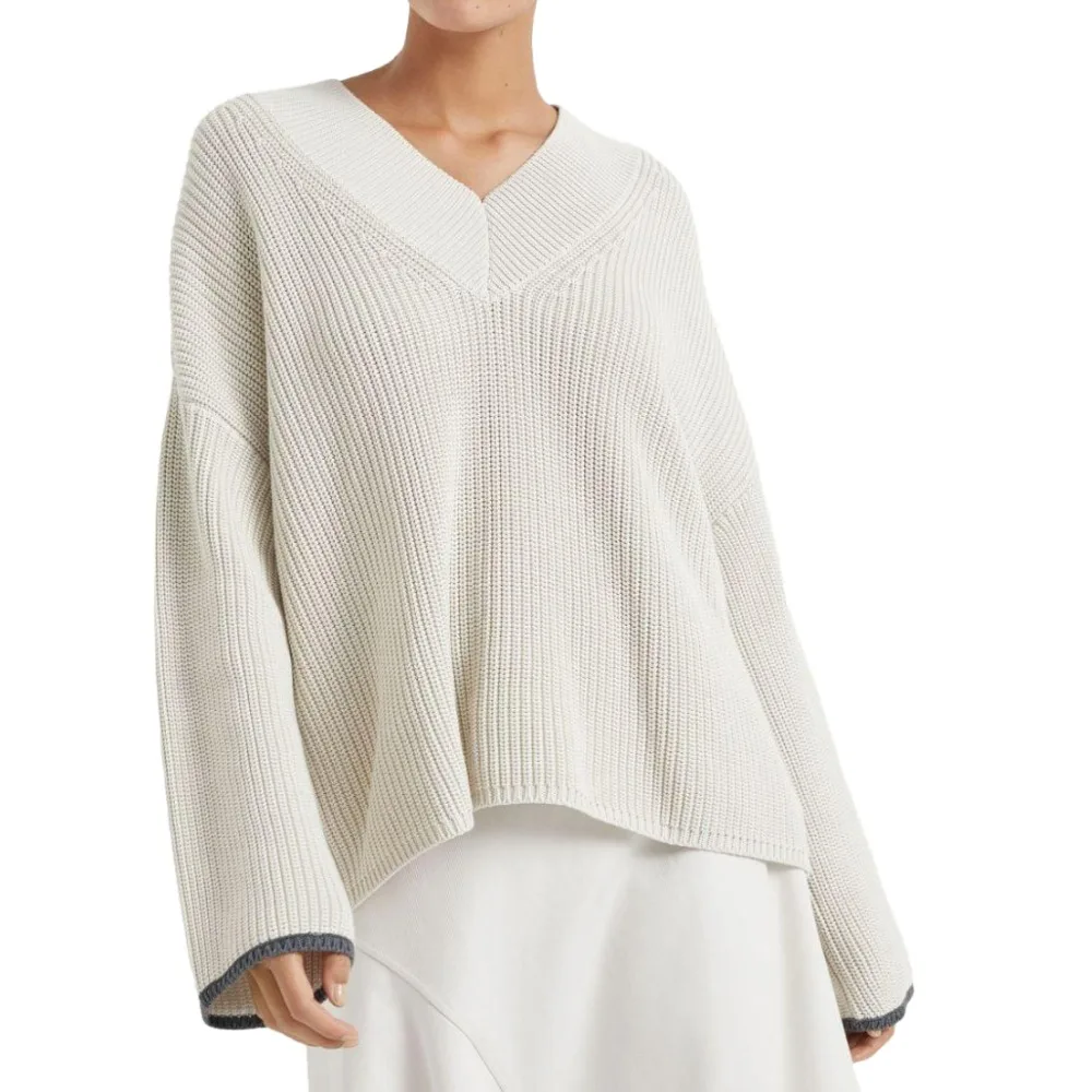 Ladies' Casual Spring Half Cardigan Pullover Sweater 100% Pure Cotton V-Neck Drop Shoulder stitched top Knitwear