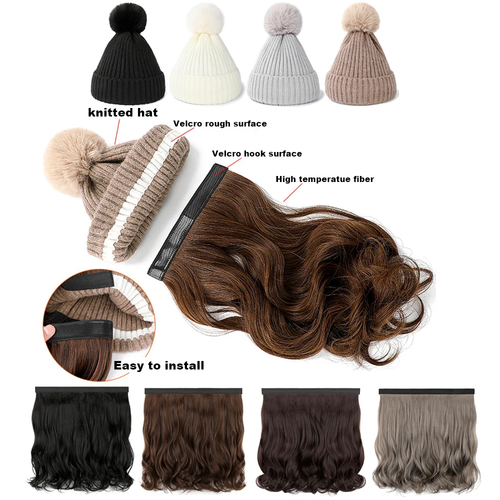 Wholesale 22inch Colorful Long Water Wave Wavy Wigs Beanie Winter Hat Wig Caps Wholesale Knit