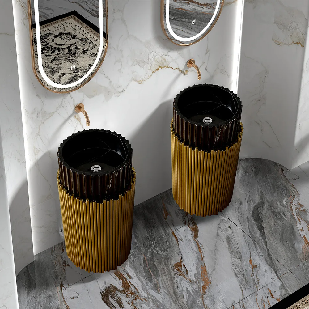 Designs Freestanding Sink Stainless Steel Pedestal Luxury Home Furniture Gold Pedestal Wash Basin Marble Stone Sink for Bathroom