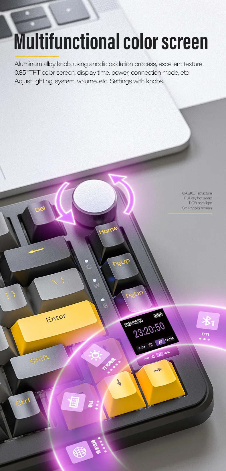Attack Shark X85 PRO Three Mode RGB BT Wireless Mechanical Keyboard with Display Customized Hot Plug Game Mechanical Keyboard