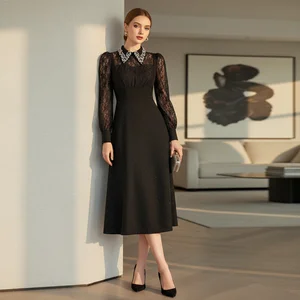 ZYHT 21957 Women's Elegant Black Glitter Midi Dress Pearl-Trimmed Lace Collar Dress Women Long Sheer Lace Sleeves Ladies Dress
