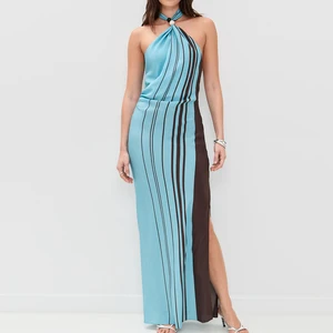 Wisrise Fashion Factory New Design Women's Turquoise Brown Stripe Halter V Neck Side Slit Modern Chic Style Maxi Dress