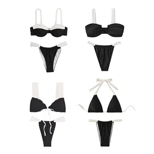 2026 Summer Customized Women's Black White Colorblocked Swimdress with Logo Spandex/Nylon Material Thong Bikini Beachwear