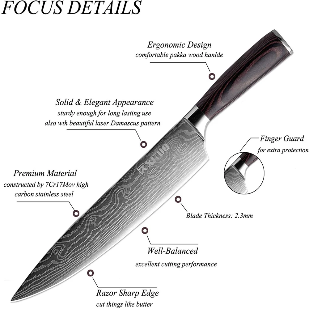 TUO Kitchen Knife Set - 6 pcs Professional Knives Set with Wooden Block -  German Stainless Steel Kitchen Knife Block Set - Ergonomic G10 Handle 