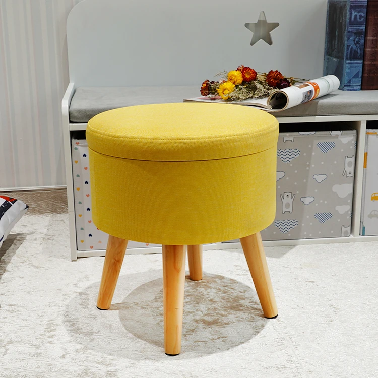 HStex Modern Home Furniture Wholesale Attractive Round Velvet Fabric Stool With Wooden Legs Yellow Ottoman