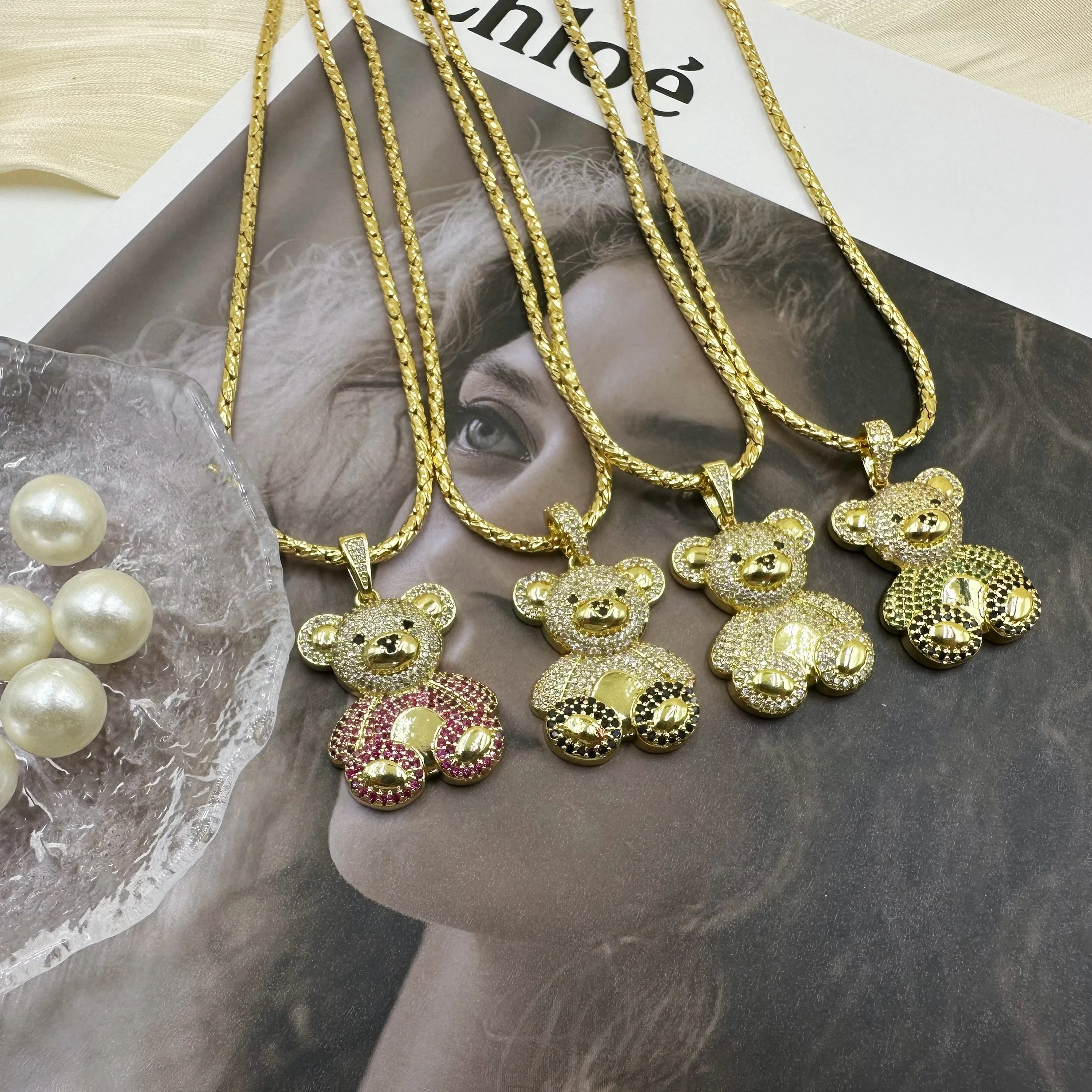 Popular 18K Gold Plated Waterproof Copper Link Chain Full Diamond Cute Bear  Pendant Necklace for Women Trendy Style