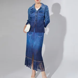 Miyake Pleated Set 2025 Women's Unique Fashion Fringed Ombre Shirt and Bodycon Skirt Two-Piece Set