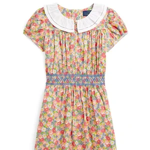 Good Quality Elegant Autumn and Winter Short Sleeves Ruffled Peter Pan Collar Smocking Waist Multi Flora Girls Dress