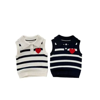 Ins Style Spring 2025 Baby Knitted Striped Vest Outer Sweater Baby Girls and Boys Polo Collar with Small Heart Baby Tops
