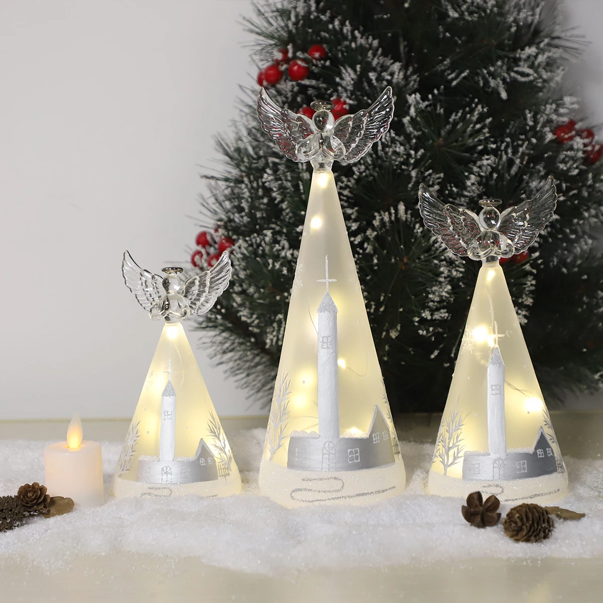 Battery Operated Blown Glass Frozen White Christmas Hand Painted Light Up Angel Table Decoration wholesale manufacture