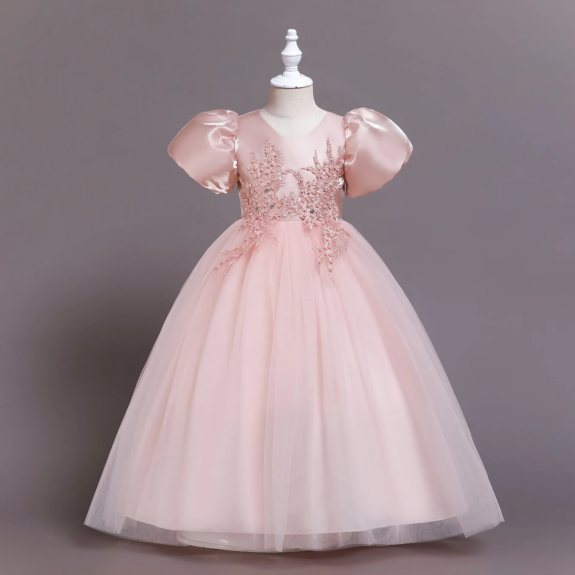 S0539G - Elegant Mesh Long Children's Bubble Sleeve Dresses