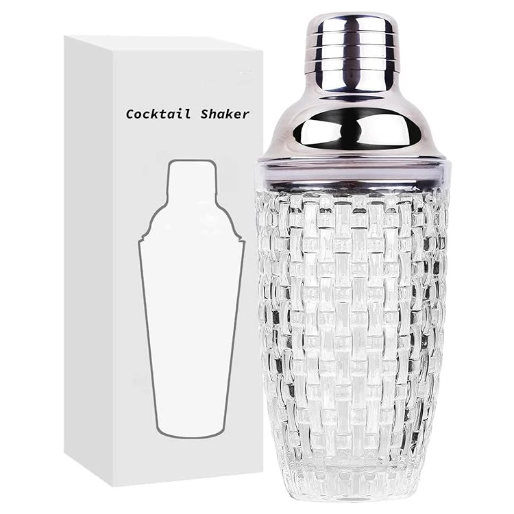 Glass Cocktail Shaker 13 oz Reusable Martini Mocktail Set with Leak-Proof Stainless Steel Lid Built-In Strainer for Home Bar Use with Custom Logo