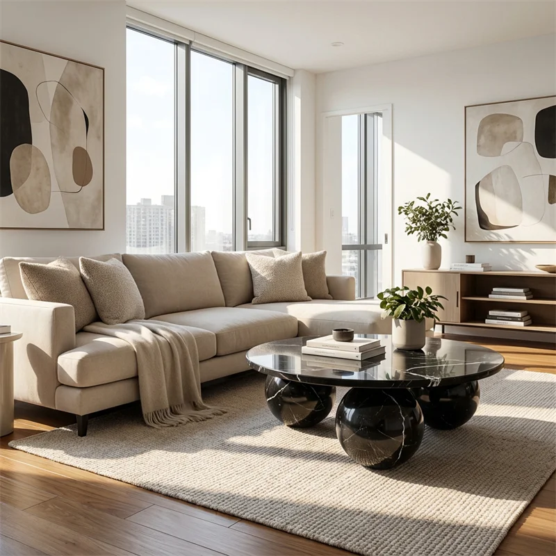 Съвременна декоративна маса за кафе от естествен черен мрамор Marquina за дневна