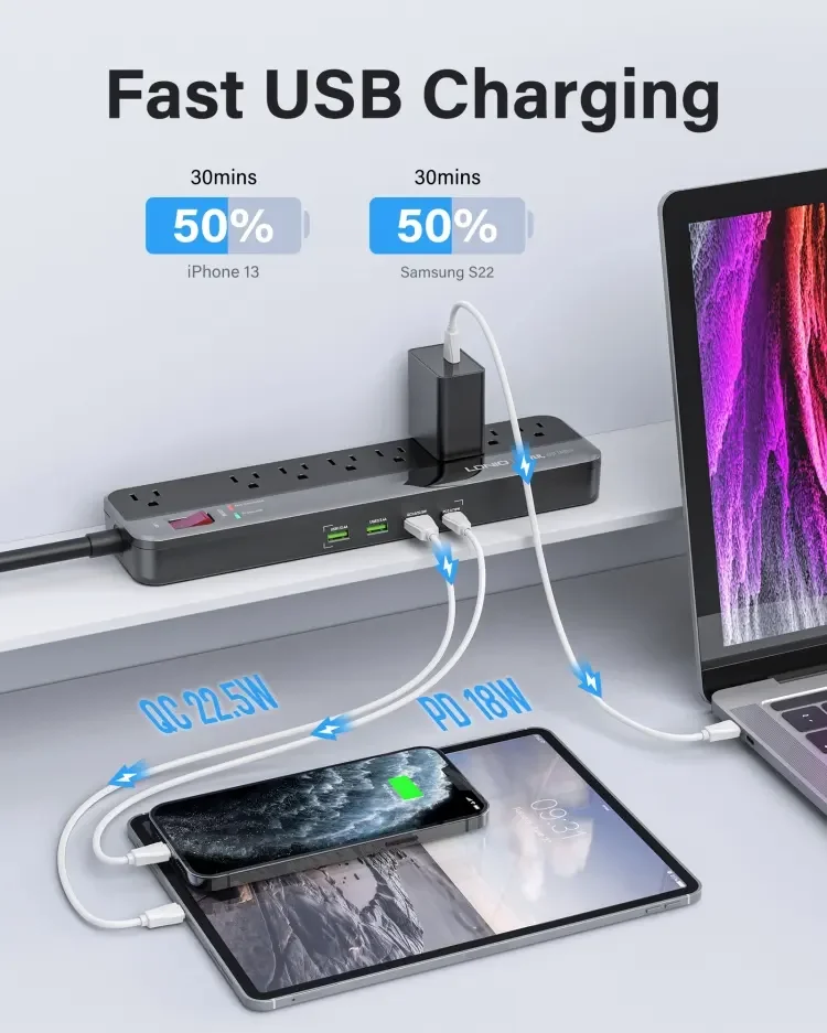 LDNIO SU8440 15A Surge Protector with 8 Outlets and 4 USB Ports Flat Plug Extension Cord for Home Office USA Power Strip