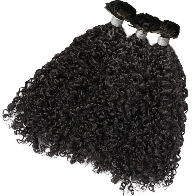 Curly Flat Tip Hair Extensions Human Hair Pre Bonded Sassy Keratin Remy Hair 100g_voghion.com