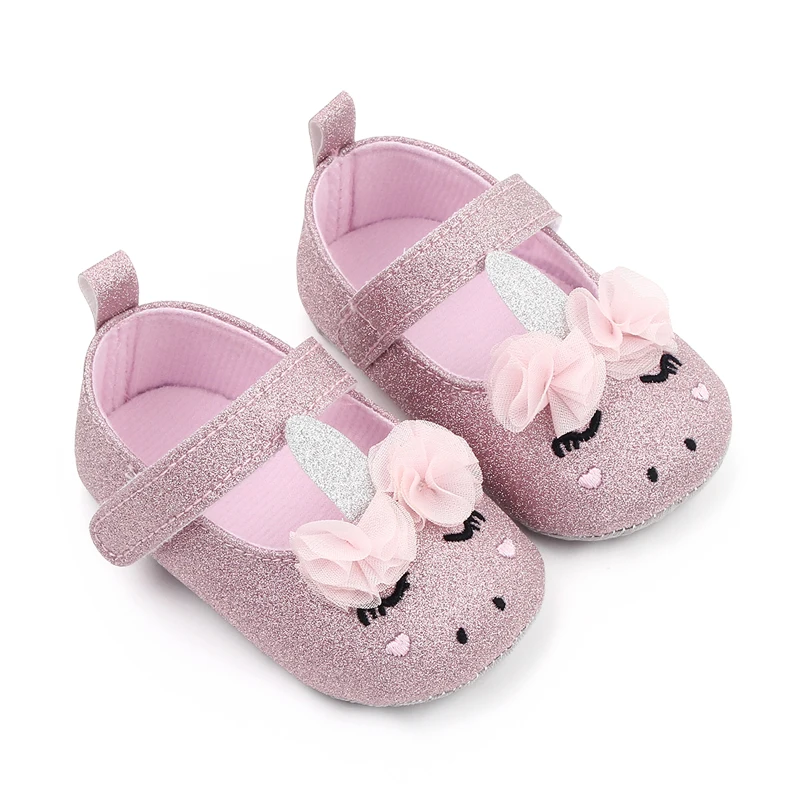 Glitter Cute unicorn Baby Girls Soft Sole Shallow Mouth Cartoon Flower Princess Toddler Shoes manufacture