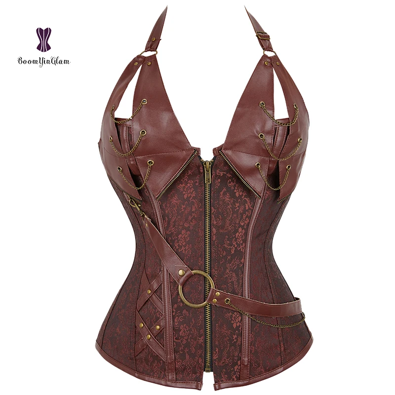 Steel Boned Brown Corset with Jacket and Belt Also Plus Size - $52.00