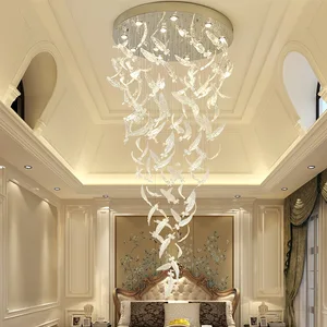 JACKSUN Large Glass Feather Pendant Chandelier Hotel High Ceiling Chandelier Lobby Villa Decor Pendant Lights Ceiling Mounted