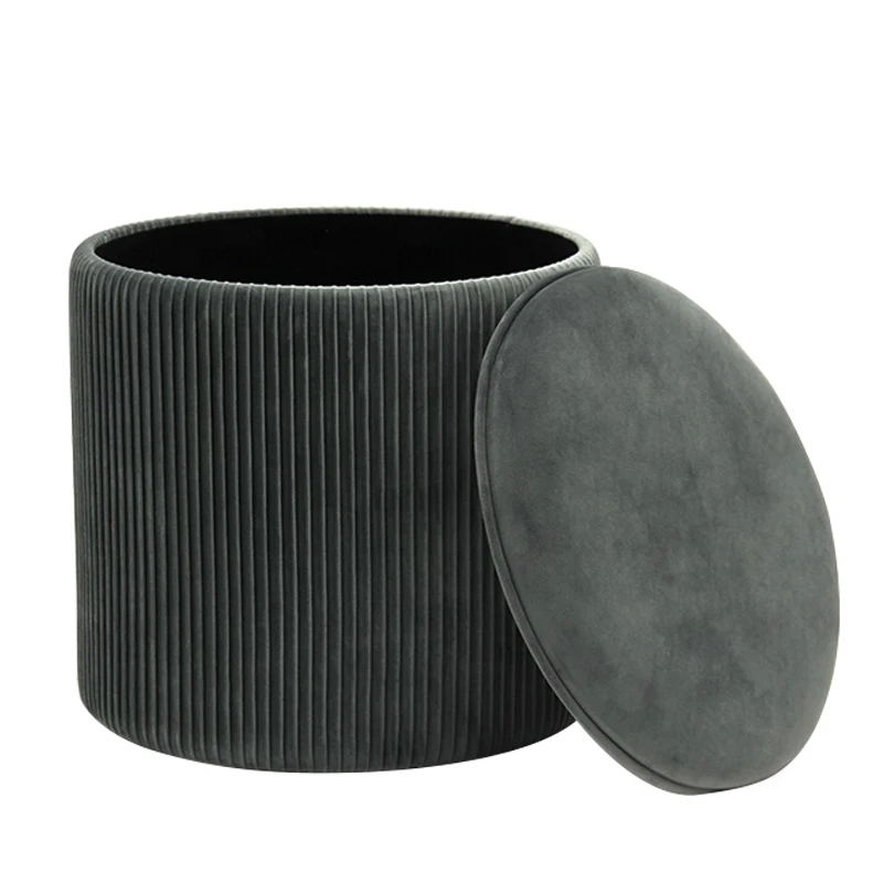 RTS High Quality Furniture Living Room Footstool Grey Velvet Round French Child Cube Ottoman Modern Storage Pouf Coffee Stool