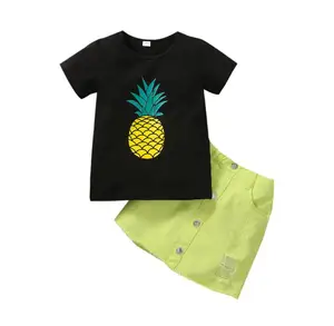 Customizable Summer New Style Girls Dresses Sets Pineapple Printed Short Sleeve T-Shirt Denim Skirt Two Piece Clothing Set