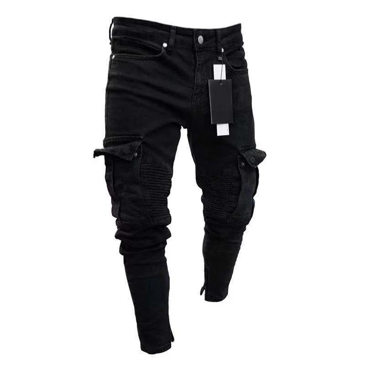 New Fashion Men Skinny Cargo Jeans Long Pant Denim Combat Biker Pocket ...