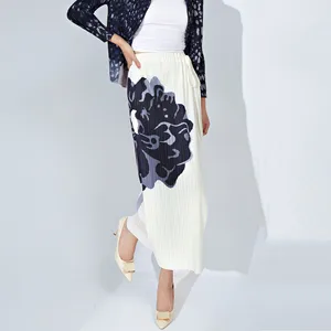 2025 Summer Miyake Pleated Midi Skirt Chic and Unique Patchwork Belted Print High-End Straight Silhouette Medium-Length Skirt