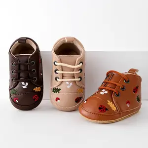 Spring and Autumn Pu Leather Cartoon Embroidered Baby High Top Front Elastic Casual Toddler Shoes