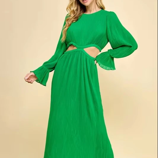 A Long Dress For Women With A Round Neckline, Pleated At The Waist, And Featuring Cutouts. - Image 1