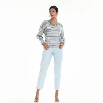 Custom Women's Casual Knit Sweater Autumn Season Thin Striped Pullover  With Two-Colour Design OEM Knitwear