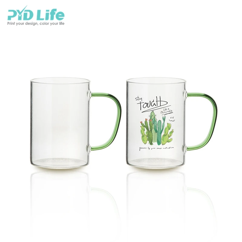 12oz/360ml Glass Mug w/ Green Handle(Clear)  PYD Life - Stainless Steel  Bottles,Tumblers,Mugs & Custom Print