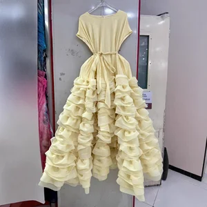 Factory Wholesale Pleated Solid Color Sleeveless Dress Women Sleeveless Loose Cascading Ruffles Long Casual Belt Party Dress