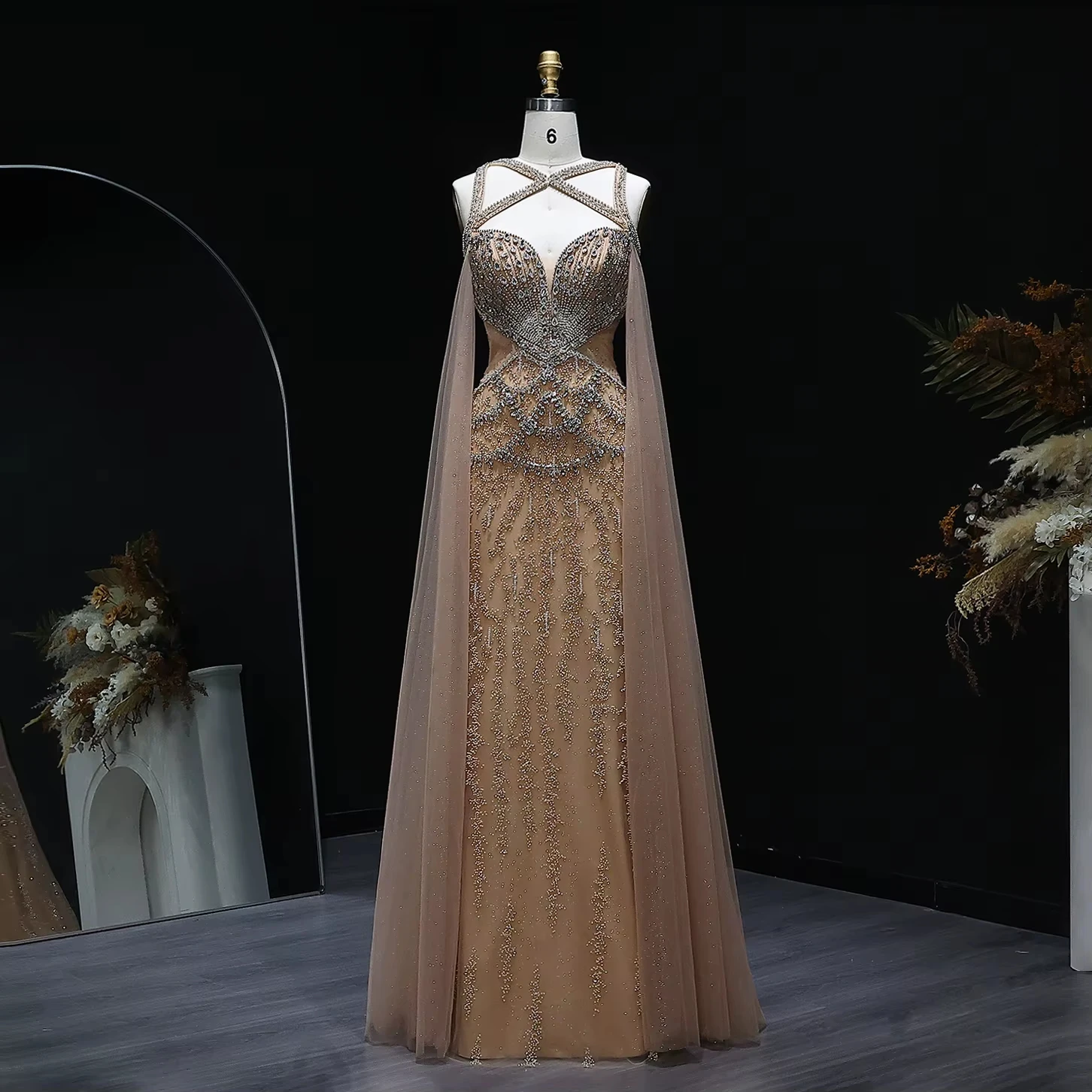 Elegant Mermaid Nude Luxury Crystal Evening Dress With Cape Sleeves Arabic Women Wedding Party Gown Lsz211-1 Elegant Mermaid Nude Luxury Crystal Evening Dress With Cape Sleeves Arabic Women Wedding Party Gown Lsz211-1