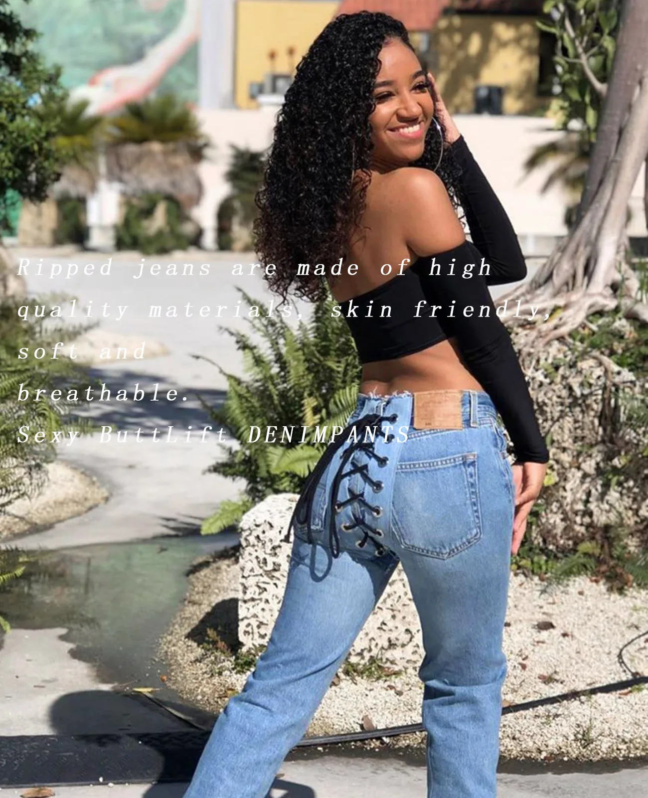 denim pants full length new female slim fit all-match trend creative back  contrast eyelet fashion jeans trousers - Main Image