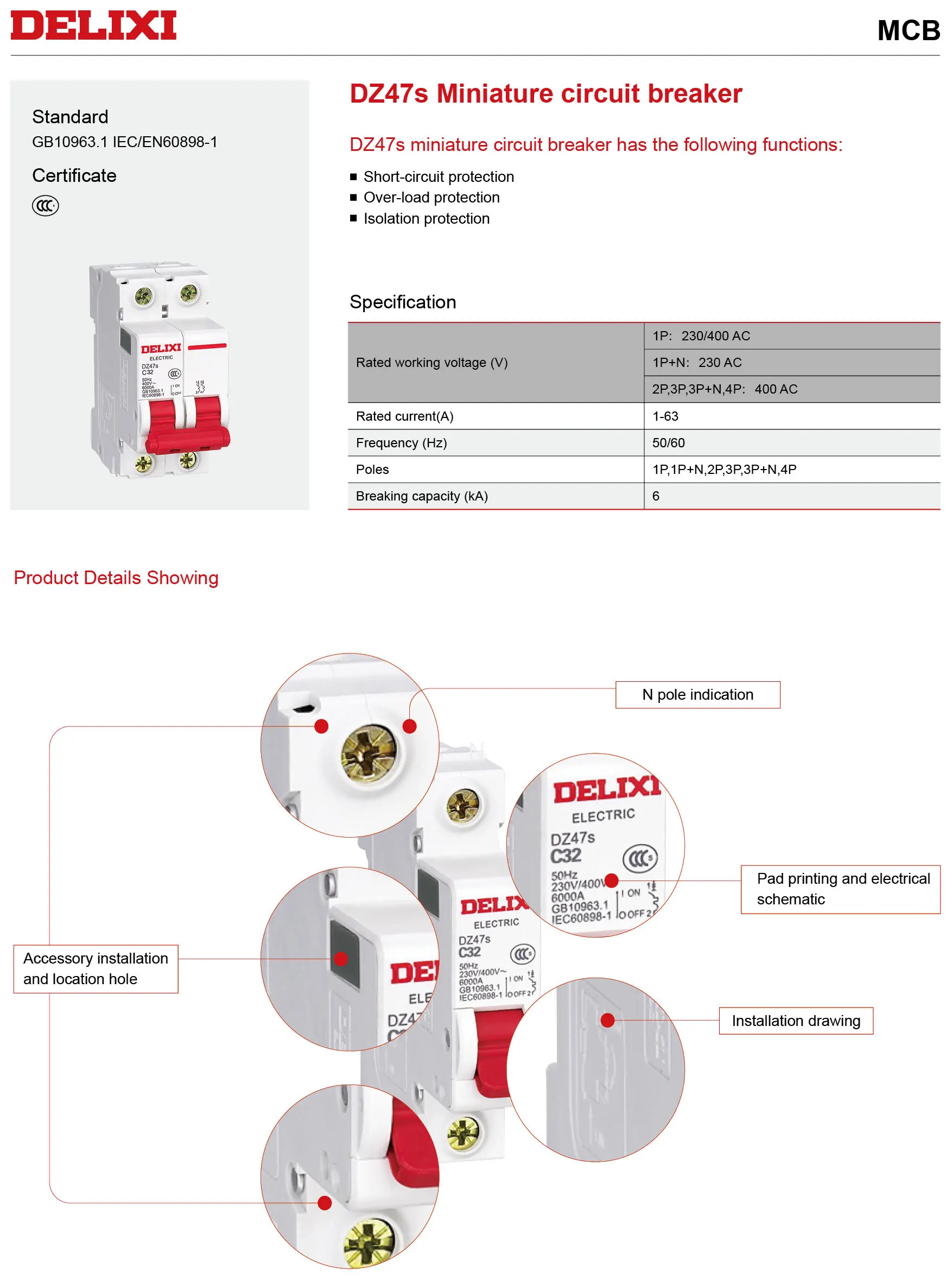 Delixi original DZ47s MCB 1P 2P 3P 4P 6A 10A 16A 20A 25A 32A 40A 50A 63A C6 C10 C16 C20 C25 C32 C40 C50 C63 Mini Circuit Breaker