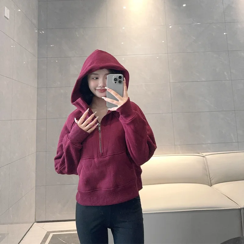 Embroidered Casual for Sweatshirt Regular Half-Zip Hoodie Autumn Sports Fitness Fleece Y detail