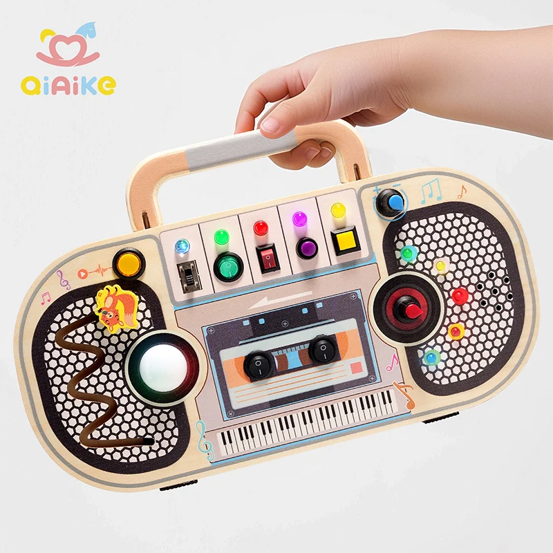 Wooden Retro Radio Montessori Music Toy LED Light Busy Board Activity Educational Travel Toys For Birthday Boys Girls Gifts