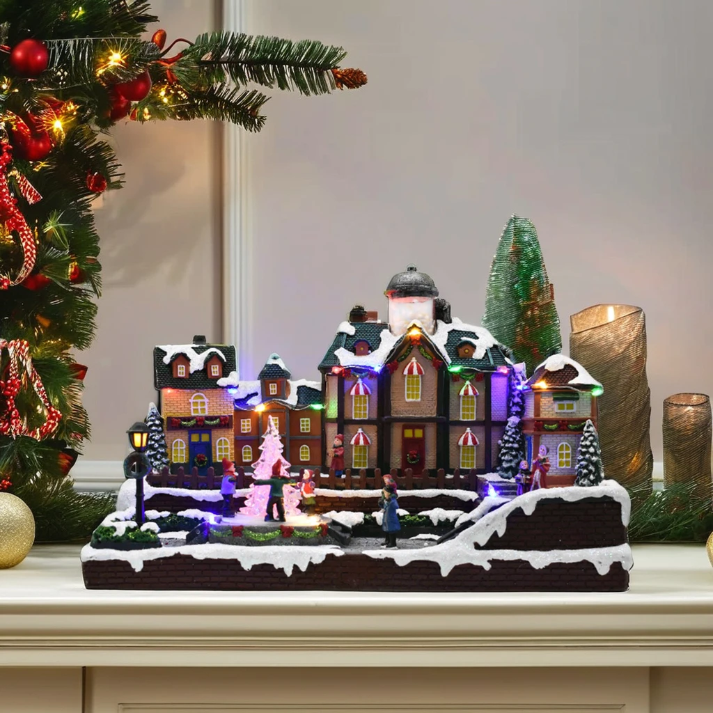 Christmas Market Square with LED Light Resin Christmas Tree Sculpture Kids Featuring Popcorn Functions Desktop Decoration