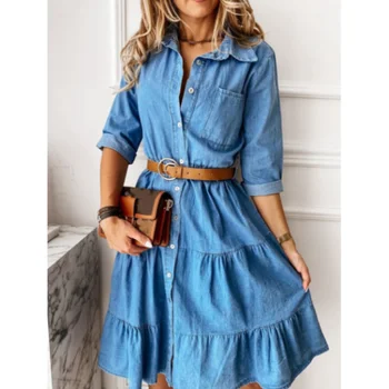European and nJeans Square collar stitching button mid-length dress summer fashion casual skin-friendly slim classic Denim Dress