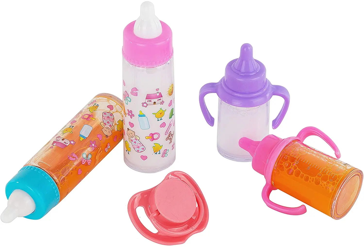 Juego de biberones para muñecas, cochecito de juguete para el cuidado del bebé, 2 biberones de leche y jugo con chupete de juguete, accesorios para muñecas | en línea