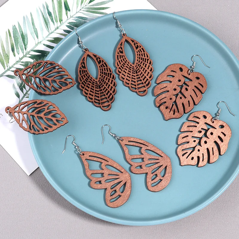 Factory Exaggerated Personality Jewelry Wooden Splint Earrings Statement Multi Hollow Geometric Earrings Gifts for Women
