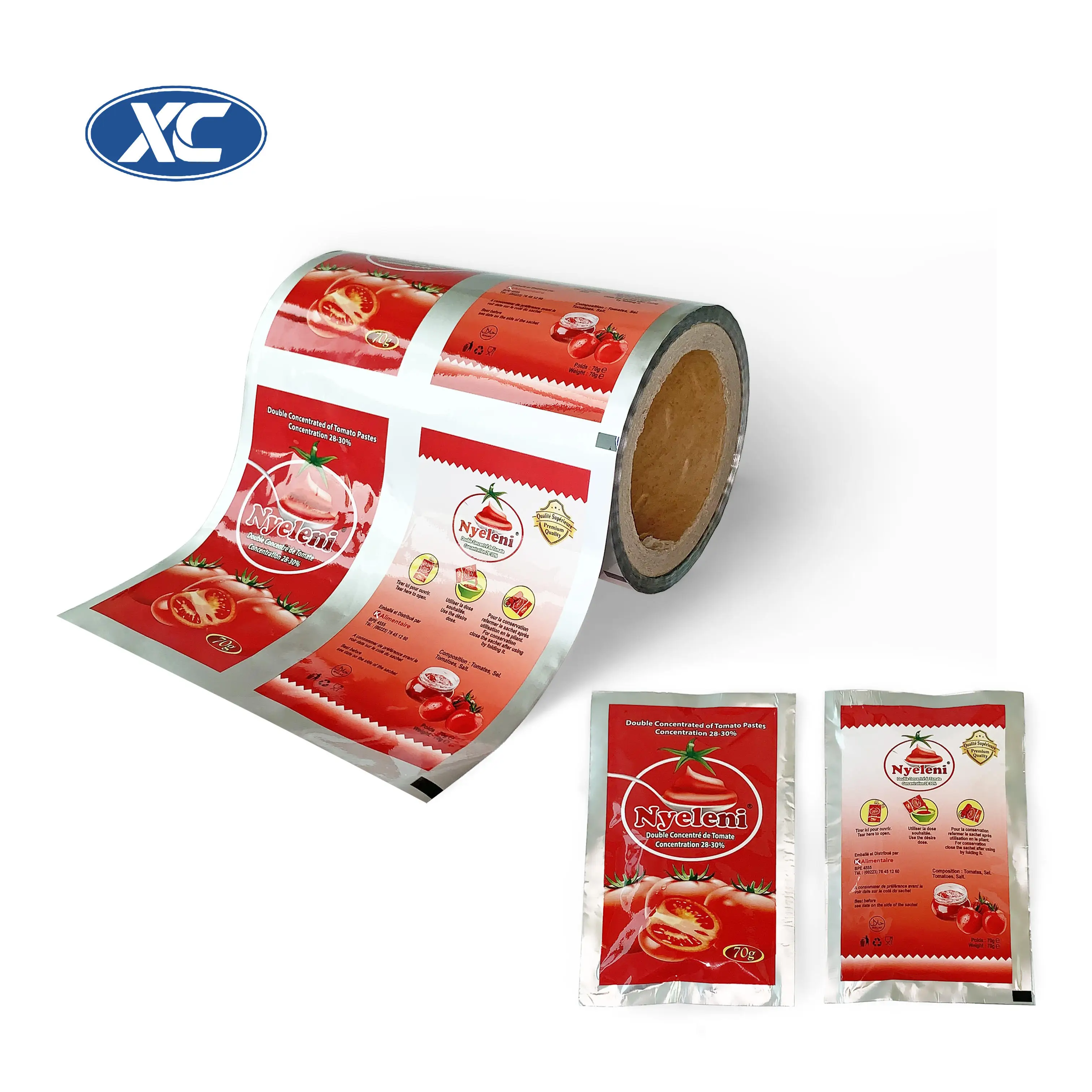 Custom Printing Flexible Packaging Plastic Tomato Ketchup Sachet Film Roll Silver Packaging Bag 2406